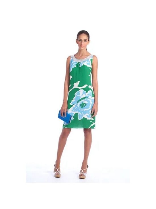 Tory Burch Dresses & Skirts - Tory Burch Silk Shift Dress – Size 12 – Sequin Neckline – Green Blue Floral Prin